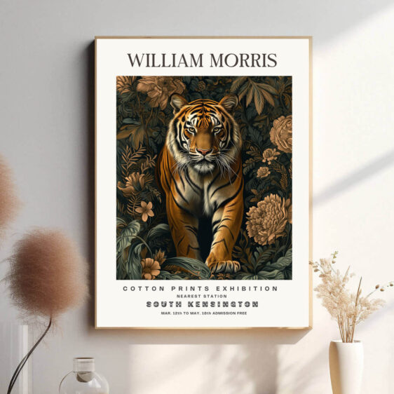 Morris’ Tiger design fanger tigeren i sin naturlige skønhed og styrke. Tigeren, som et symbol på magt og vilje, er afbildet med omhyggelige detaljer, hvilket gør plakaten både dekorativ og symbolsk. Dette design bringer et element af vild natur ind i hjemmet.