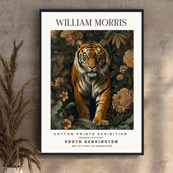 Denne plakat af William Morris viser en majestætisk tiger, der udstråler både styrke og drama. Den kraftfulde tilstedeværelse af tigeren, kombineret med Morris' detaljerede stil, giver designet en intens visuel effekt, som tilføjer både dynamik og elegance til ethvert rum.