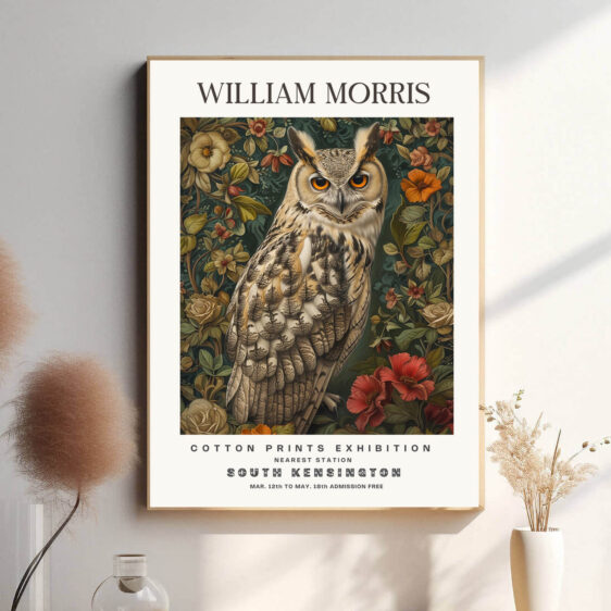 Morris’ Owl design fanger naturens skønhed ved at fremhæve uglen i sin naturlige habitat. Uglen er omhyggeligt afbildet med intrikate detaljer, der gør plakaten både dekorativ og kunstnerisk. Dette design bringer et strejf af vildmarkens elegance og naturlige skønhed ind i hjemmet.
