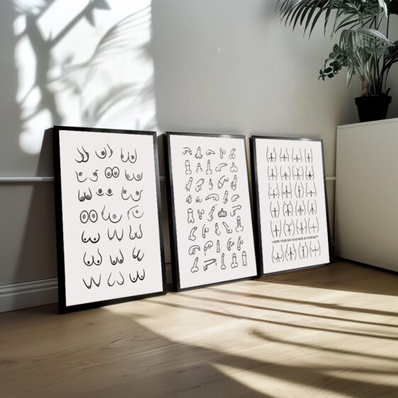 Det samlede plakatsæt rummer en kunstnerisk undersøgelse af intimitet og menneskekroppens æstetik. Hver plakat repræsenterer en del af kroppen, hvor brysterne, numsen og genitalierne er fremstillet med både elegance og respekt. Kunstneren formår at skabe et udtryk, hvor disse elementer ikke kun er fysiologiske, men også symboliserer menneskets skønhed og kompleksitet. Plakaterne inviterer til en mere åben og refleksiv tilgang til kroppens naturlige former og placerer intimitet og sensualitet i et kunstnerisk og filosofisk lys.