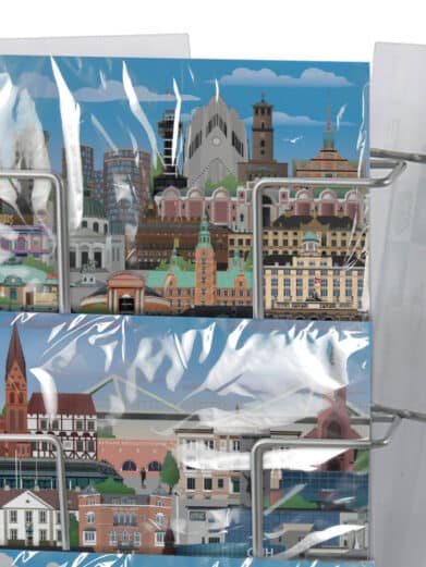 Katte bordstativ med 9 fag til 180 A4 plakater. Detaljerede illustrationer af katteracer. Perfekt til butikker (B2B salg).
