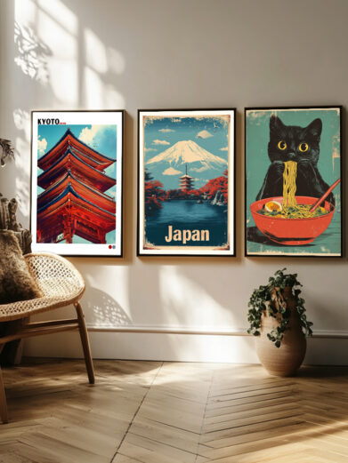 I dette plakatsæt er fokus på den japanske kultur og livsstil, der er indkapslet i stiliserede grafiske billeder. Plakaterne viser karakteristiske elementer som geishaer, samuraier, templer og traditionelle japanske hjem. Den minimalistiske, men ekspressive stil skaber en fornemmelse af tidløs skønhed og elegance, hvor symboler og figurer i japansk tradition får en visuel opgradering. Sættet er en fejring af Japans rige kulturarv og den æstetik, der omfavner både det enkle og det sublime.