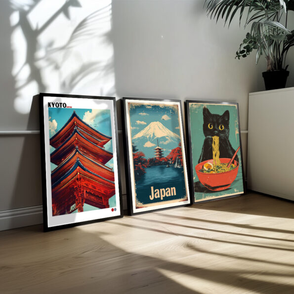 Dette plakatsæt samler tre plakater, der fremhæver japanske ikoner og symboler, som er genkendelige verden over. Hver plakat udforsker vigtige elementer som kirsebærblomster, bjerge, og den japanske drage. Disse symboler er fyldt med betydning og indgår i en visuel fortælling, der afspejler både det spirituelle og det naturlige i japansk kunst. Gennem stiliserede linjer og levende farver indfanger disse plakater essensen af japansk tradition, samtidig med at de giver et moderne twist til de klassiske motiver.