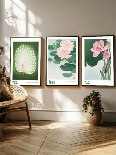 I dette plakatsæt samles Kosons værker, der ofte kombinerer livets flygtighed med naturens konstante forandringer. De tre plakater indeholder fugle, der sidder på blomstrende grene, eller som elegant svæver mellem blomster. Kosons fokus på lys og skygge giver dybde til de enkelte elementer, og hans blide farvepalet understreger den varme, ro og livskraft, der findes i selv de mindste naturdetaljer.