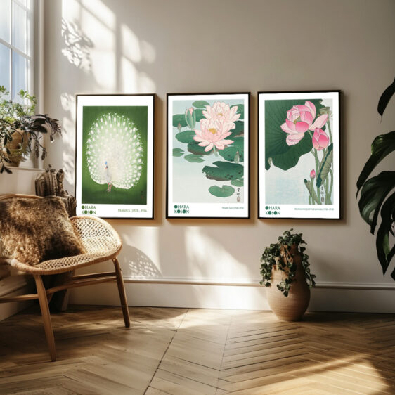 I dette plakatsæt samles Kosons værker, der ofte kombinerer livets flygtighed med naturens konstante forandringer. De tre plakater indeholder fugle, der sidder på blomstrende grene, eller som elegant svæver mellem blomster. Kosons fokus på lys og skygge giver dybde til de enkelte elementer, og hans blide farvepalet understreger den varme, ro og livskraft, der findes i selv de mindste naturdetaljer.