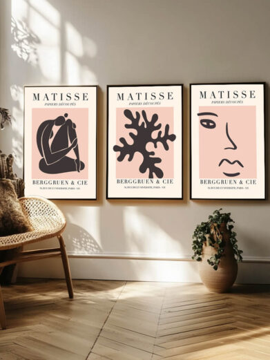 Dette plakatsæt undersøger Matisse’s fascination af lys og dens indvirkning på farve og form. Hver plakat fanger det magiske samspil mellem lys og skygge, og hvordan Matisse bruger farverne til at skabe dybde og stemning. Matisse's leg med lys, hvor det kan virke både blødt og kraftfuldt, udforskes gennem hans karakteristiske anvendelse af varme og kolde nuancer. Sammen udgør disse plakater en visuel udforskning af, hvordan lys kan forvandle et rum og give et maleri liv.