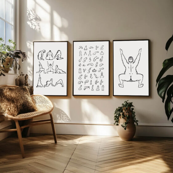 Dette plakatsæt fokuserer på den mandlige krop som et kunstnerisk objekt, hvor proportioner og linjer spiller en central rolle. Hver plakat afbilder en nøgen mand med fokus på muskler, bevægelse og den æstetik, der ligger i den mandlige krop. Gennem en kombination af bløde og hårde penselstrøg og en farvepalet, der afspejler varme og dybde, rummer disse værker en følelse af styrke og indre ro. Sættet indfanger skønheden i det maskuline, hvor krop og form er reduceret til deres reneste udtryk.