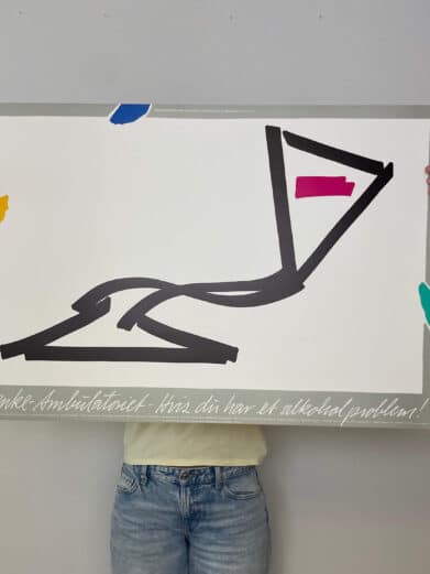 Bo Bendixen plakat med abstrakt design i sort, pink, blå og gul. Moderne kunsttryk, begrænset oplag.