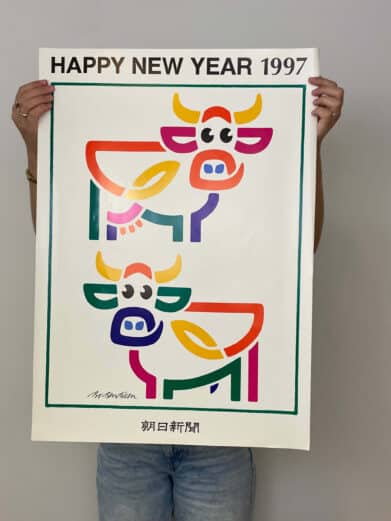 Bo Bendixen plakat med farverige tegninger af køer, "Happy New Year 1997". Limited edition. Perfekt til samlere!