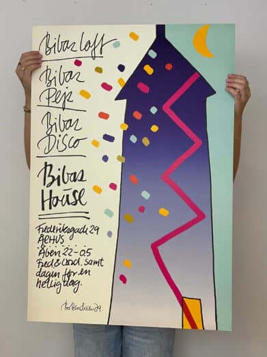 Bo Bendixen plakat med farverigt grafisk design, der viser "Bibaz House" og festlige elementer. En unik kunstplakat i begrænset oplag.