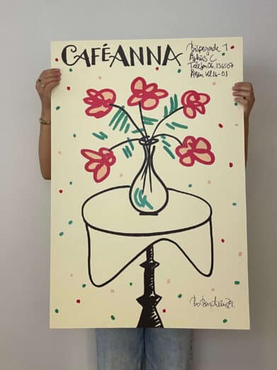 Bo Bendixen plakat med blomster i vase på bord, i farverig retro stil. Limited edition tryk.