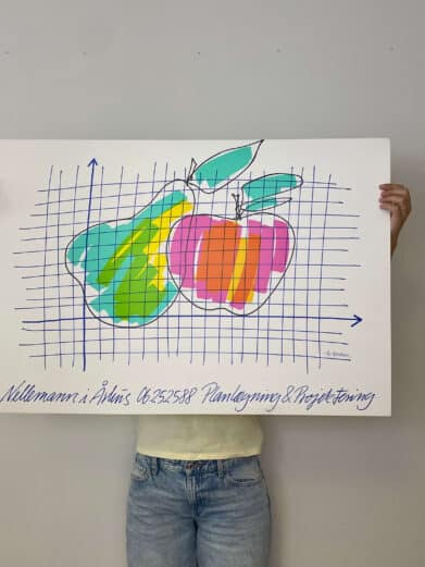 Bo Bendixen plakat med frugtmotiv: En pære og et æble i klare farver på et blåtonet koordinatsystem. Et unikt kunstværk.
