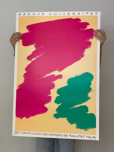 Bo Bendixen plakat: Abstrakt design i pink og grøn på beige baggrund. Aarhus Universitet. Et unikt kunstværk. Limited edition.