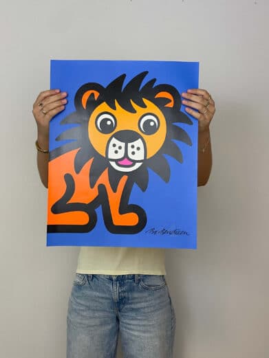 Bo Bendixen plakat med en orange løve på blå baggrund. Moderne kunst i begrænset oplag.