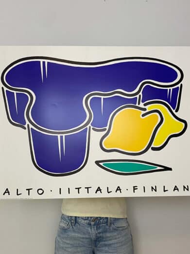 Bo Bendixen plakat med abstrakt design i blå, gul og grøn. Moderne kunst til væggen. Aalto Iittala Finland.