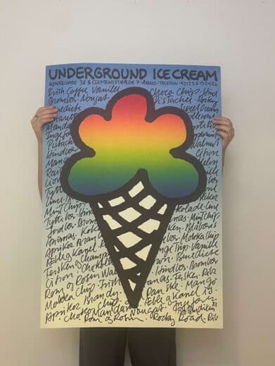 Bo Bendixen plakat med et farverigt isvafler design. Underground Ice Cream tema. Detaljeret og kunstnerisk.