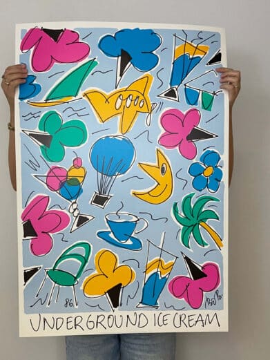 Bo Bendixen Underground plakat. Farverig måne og ballon motiv, pop art stil. Et unikt kunstværk!