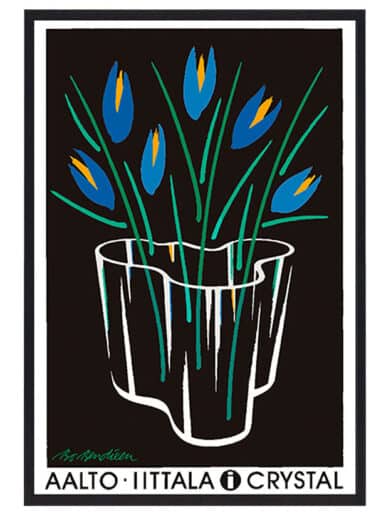 Bo Bendixen Aalto Iittala krystal plakat. Blå blomster i hvid vase mod sort baggrund. Elegant og stilfuld kunstplakat.