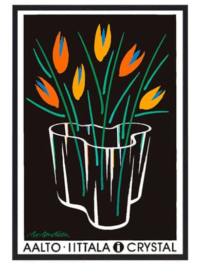 Bo Bendixen Aalto Iittala crystal poster: orange and yellow flowers in a white vase on a black background. Limited edition print.