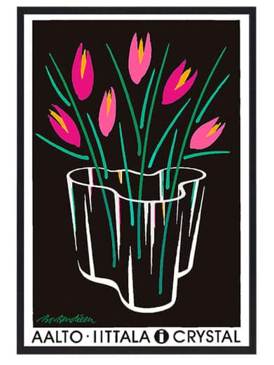 Bo Bendixen Aalto Iittala crystal plakat lyserød: A striking poster print with pink tulip-like flowers in a stylized white crystal vase.