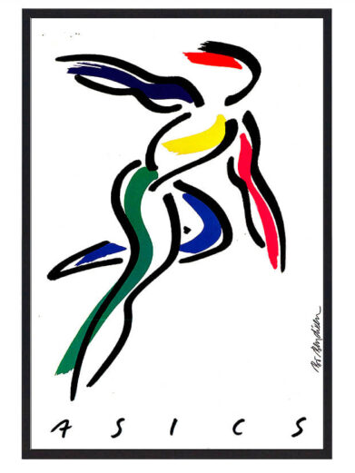 Bo Bendixen Asics plakat med farverige, abstrakte figurer mod hvid baggrund. Limited edition kunsttryk.