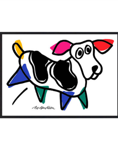 Farverig Bo Bendixen plakat af en hund. Abstrakt kunst med sort, gul, blå og pink. En unik hund til din væg.