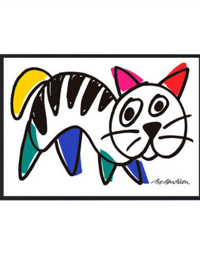 Bo Bendixen Katte plakat. Farverig, stiliseret kat med sort-hvide striber, gule, pink og røde ører, blå og grønne ben. Unik kunst!