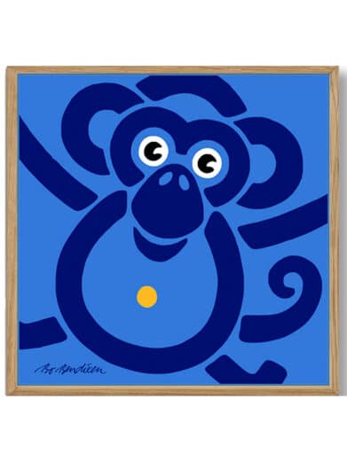 Bo Bendixen abe plakat i blå nuancer. Grafisk stil med en gul detalje. Limited edition tryk.