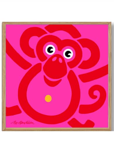 Bo Bendixen abe plakat i lyserød. Grafisk design med rød abe på pink baggrund, indrammet. Et unikt kunstværk!