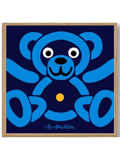 Bo Bendixen bamse plakat. Blå bamse design på mørk baggrund. Unik kunst, begrænset antal.