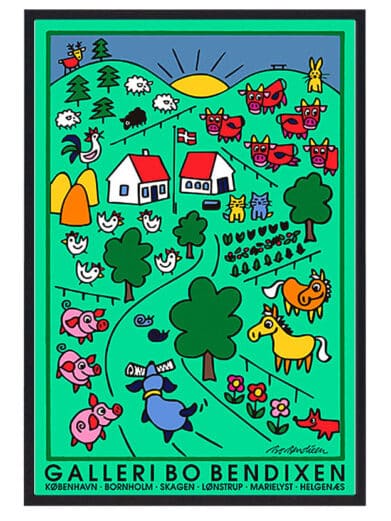 Farverig Bo Bendixen plakat af en bondegård med dyr, huse og natur. Populær dansk kunst i unik stil.
