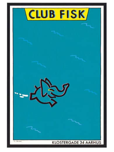 Bo Bendixen 'Club Fisk' plakat. Turkis baggrund med en rød elefant og gule detaljer. En unik kunstplakat fra Bo Bendixen.