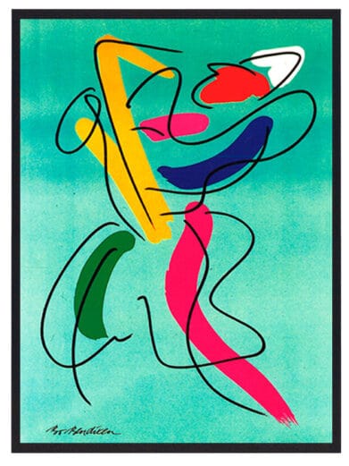 Bo Bendixen plakat: Abstrakt drage musiker i gul, pink, grøn og blå på turkis baggrund. Enestående kunsttryk.