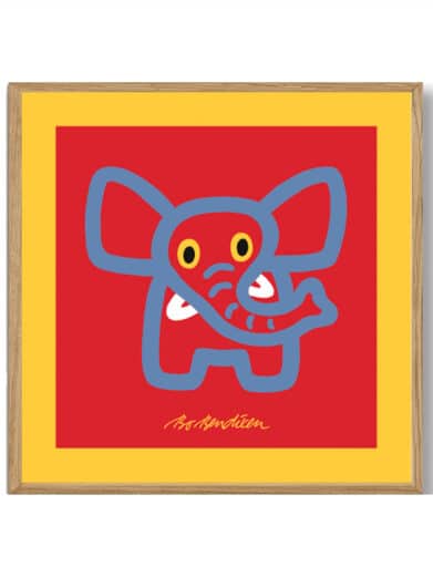 Bo Bendixen elefant plakat. Grafisk tryk i blå og rød med gul ramme. Minimalistisk og farverig kunst.