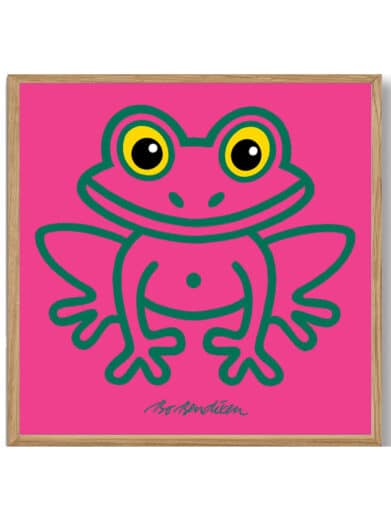 Bo Bendixen plakat med en grøn frø på pink baggrund. Moderne kunsttryk med lyse farver og en enkel stil.