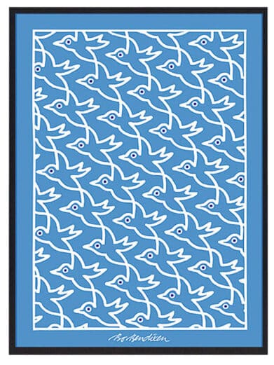 Bo Bendixen blue bird poster. Features a tessellated pattern of white birds on a blue background, framed in black. Unique art piece.