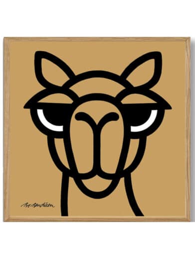 Bo Bendixen kamel plakat. Grafisk design med kamelmotiv i sort og beige farver. Stilfuld vægkunst.