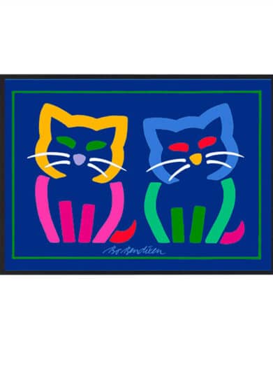 Bo Bendixen katte plakat: Farverig illustration af to stiliseret katte i gul og blå på en blå baggrund.