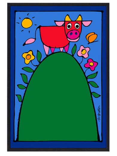 Bo Bendixen plakat: Farverig ko på bakke med blomster og sol. Et unikt kunstværk, begrænset oplag.
