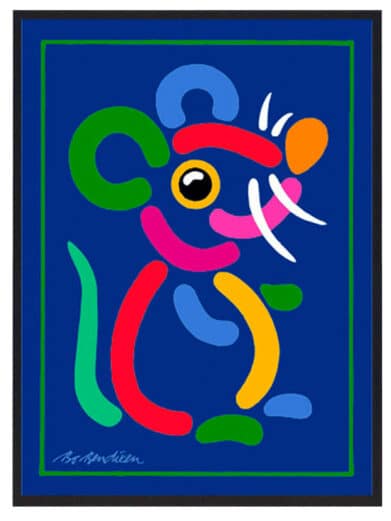 Bo Bendixen plakat med en farverig mus på en blå baggrund. Grønne ører. Unik kunstplakat, limited edition.