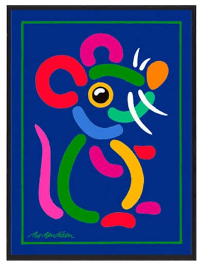 Bo Bendixen plakat med en farverig mus på en blå baggrund. En unik kunstplakat fra Bo Bendixens lager.