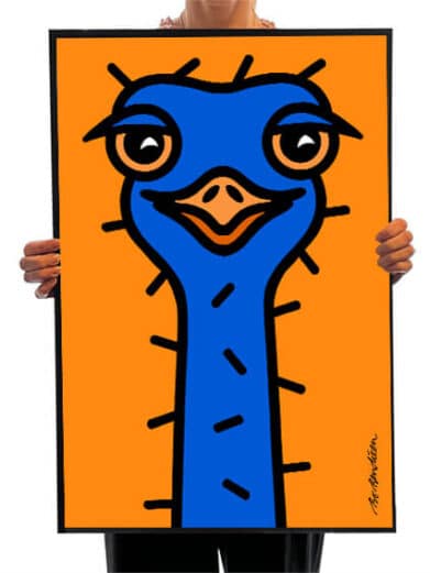 Bo Bendixen orange Struds plakat. Farverig og udtryksfuld kunst med en stiliseret struds på orange baggrund.