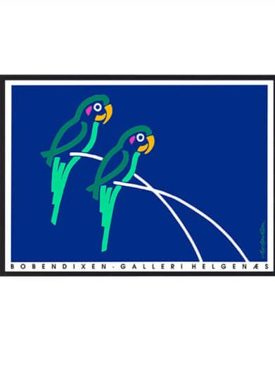 Bo Bendixen plakat med grønne papegøjer på en gren, i en grafisk stil. Limited edition kunsttryk.