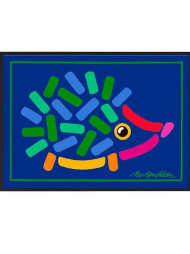 Bo Bendixen plakat med et farverigt pindsvin på en blå baggrund. Unik kunst til væggen.
