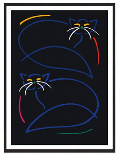 Bo Bendixen plakat med to blå katte. Minimalistisk stregtegning på sort baggrund. Farverige detaljer. En unik kunstplakat.