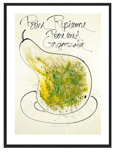 Bo Bendixen plakat: Pære med gorgonzola. Farverig og unik kunstplakat, perfekt til dit hjem. Limited edition.