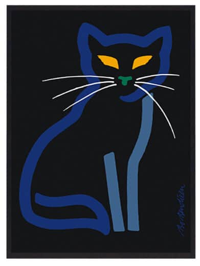 Bo Bendixen plakat med en stiliseret blå kat på sort baggrund, gule øjne og hvide knurhår. Dansk design.