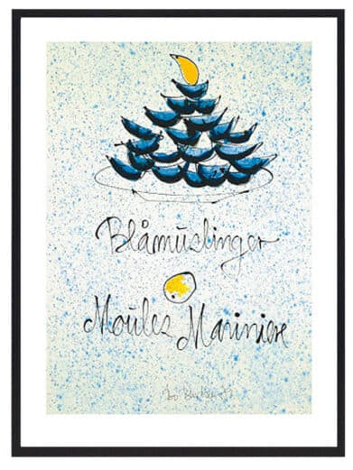 Bo Bendixen plakat med blå muslinger. En stabel af blå muslinger med en gul klat på toppen, tekst "Blåmuslinger".