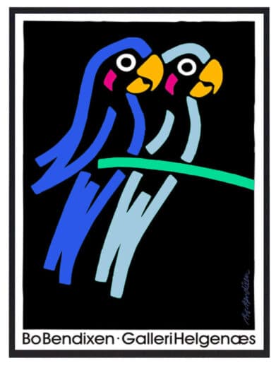 Bo Bendixen plakat med to blå papegøjer på en grøn gren, farverig og stilfuld kunst fra Galleri Helgenæs.