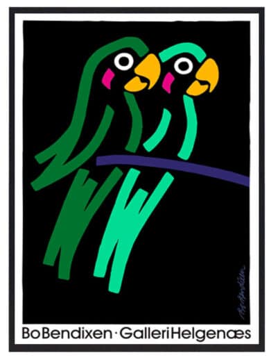 Bo Bendixen plakat med to grønne papegøjer på en gren. En farverig og stilfuld kunstplakat.